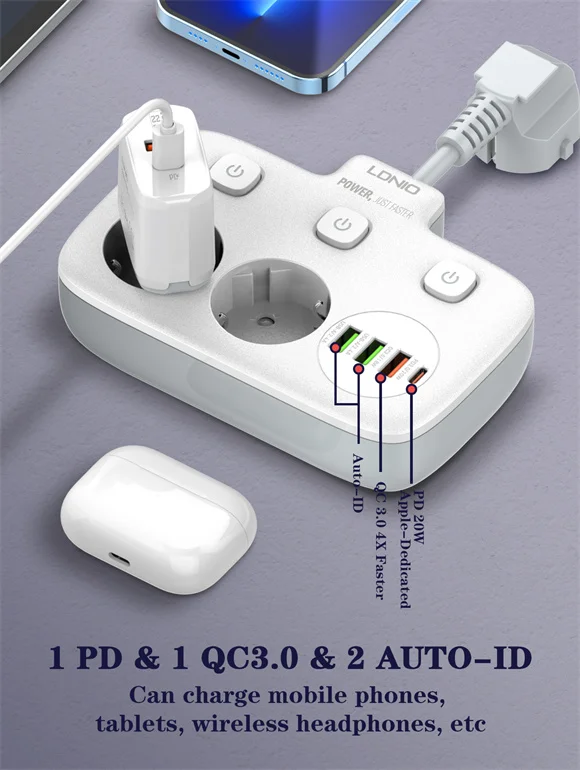 مشترك كهربائي محمول LDNIO SE2435 بمنفذين AC وشحن USB-C PD بقدرة 20W - أبيض - Thumbnail 8