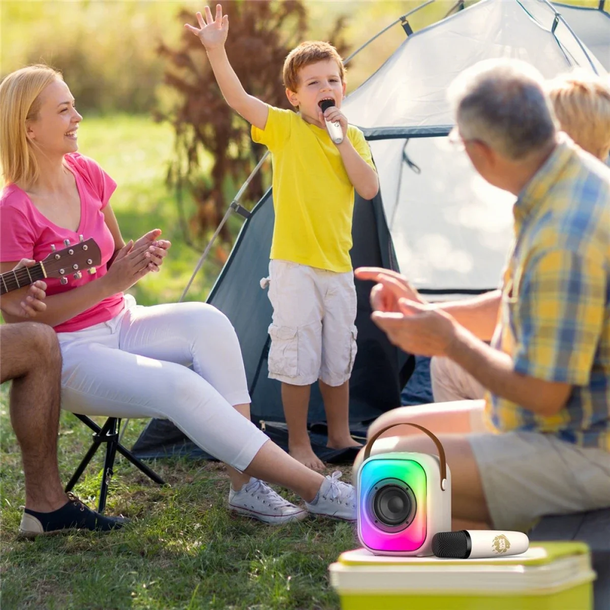 ONIKUMA L7 RGB Bluetooth Karaoke Speaker with 2 Microphones - Beige - Image 11