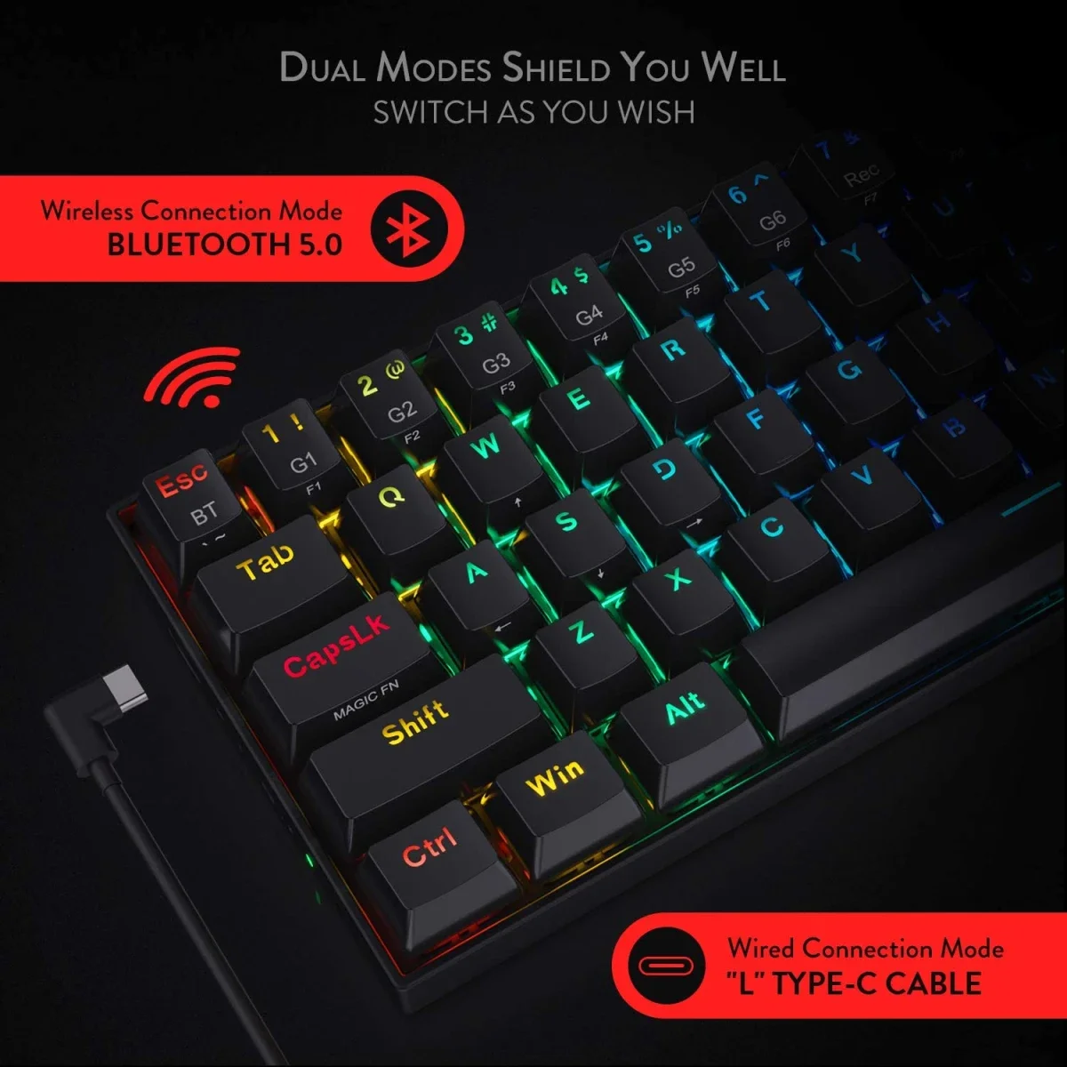 Redragon K530 Pro Draconic 60% Wireless RGB Mechanical Gaming Keyboard, 61 Keys, Brown Switches, Black - Thumbnail 2