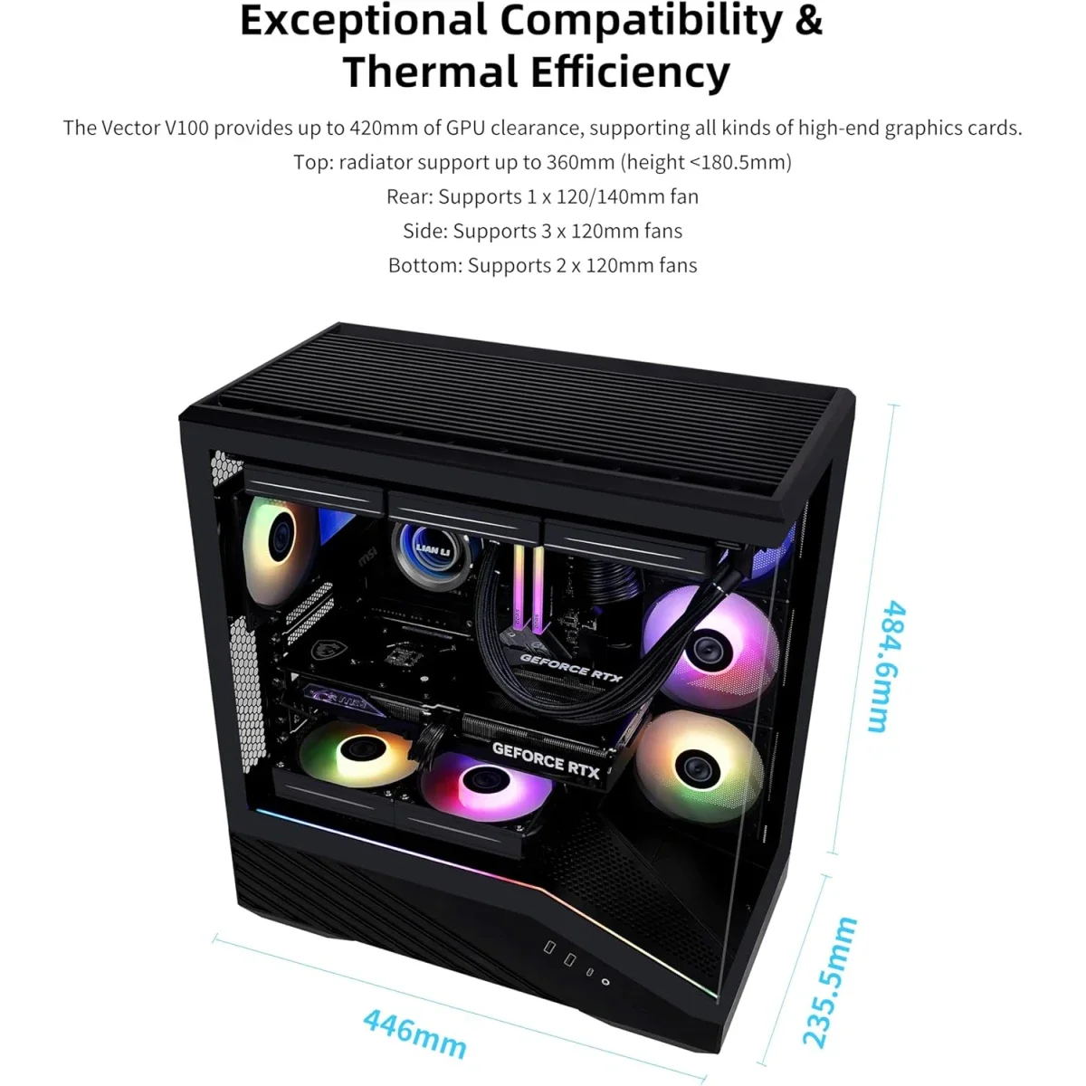 LIAN LI Vector V100R Mid-Tower PC Case with 4 Fans, 360mm Radiator Support, Black - Image 3
