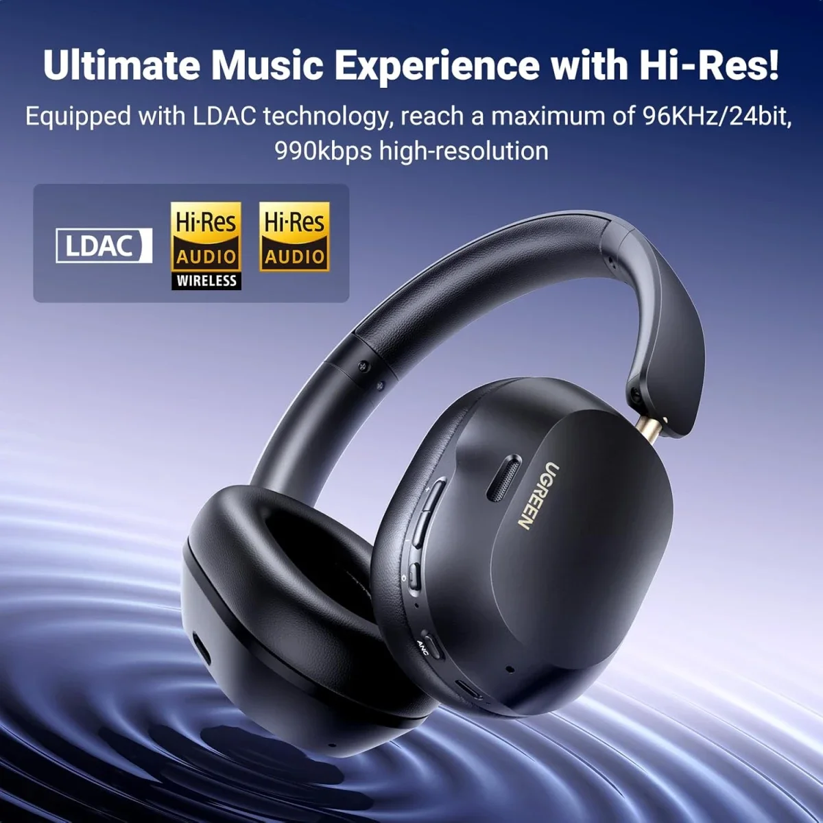 سماعات رأس Ugreen HiTune Max5c فوق الأذن بتقنية Bluetooth 5.4 وعزل ضوضاء تكيفي وبطارية 75 ساعة - أسود - Image 4