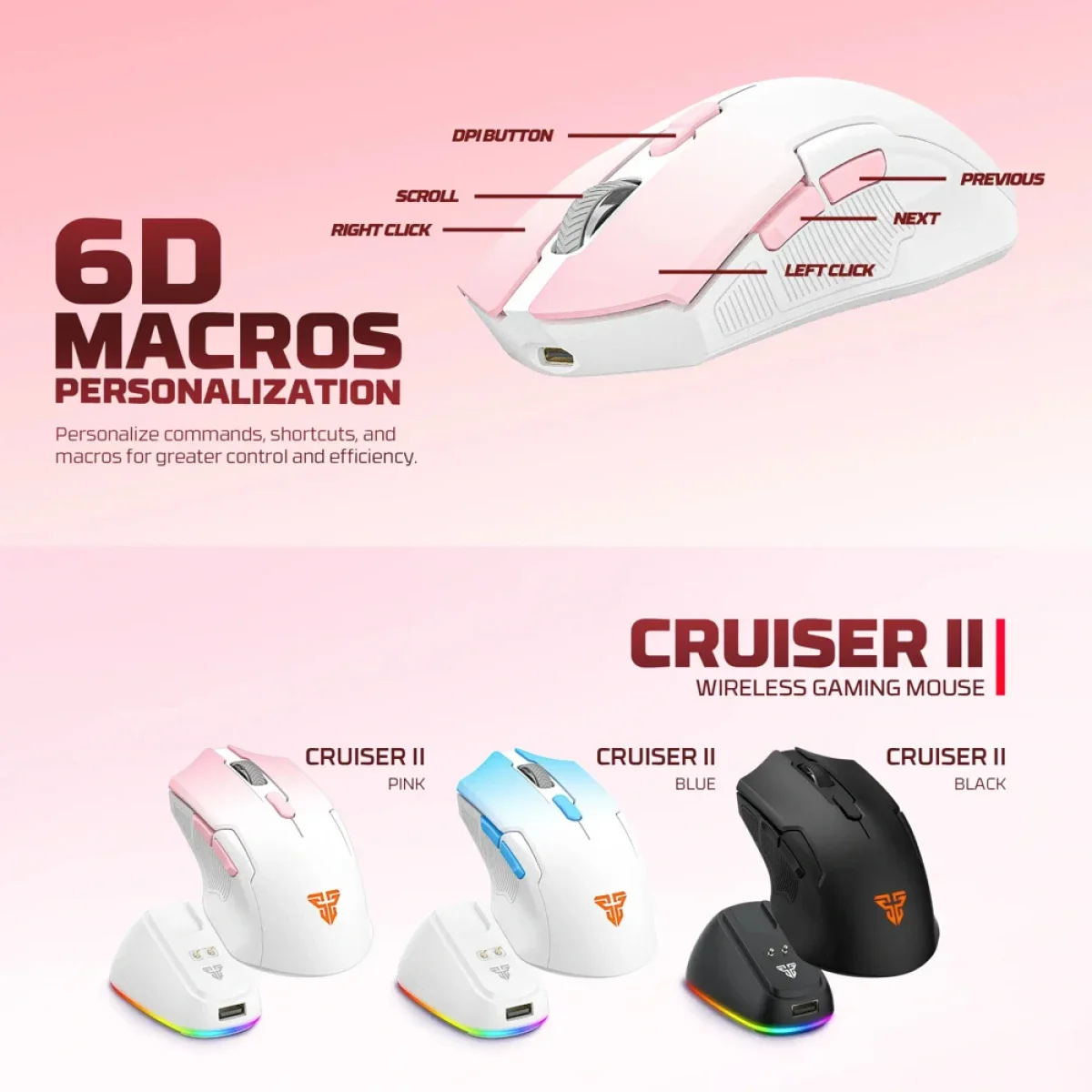 ماوس ألعاب لاسلكي Fantech بدقة 2400 DPI مع قاعدة شحن أسود Cruiser II WG11V2RD - Image 6