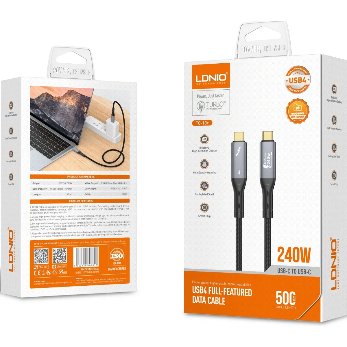 LDNIO TC11C Thunderbolt 4 Certified USB-C to USB-C Cable 40Gbps 240W 1M Black