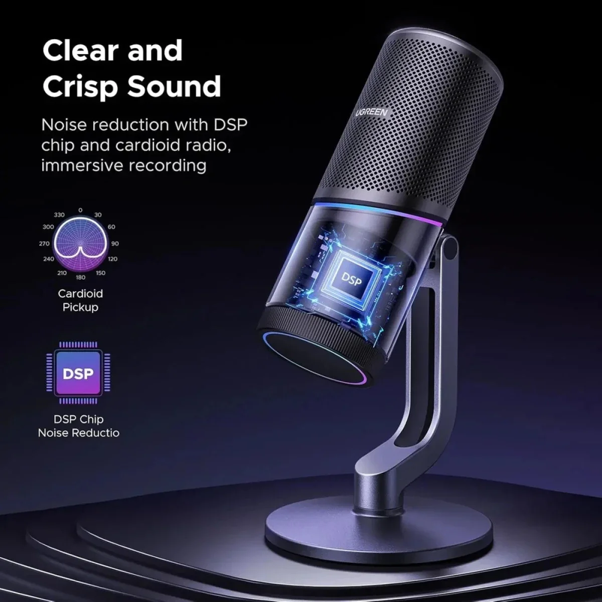 Ugreen CM769 USB Condenser Microphone with RGB, 24-bit/96 kHz Cardioid Pickup - Dark Gray - Image 3