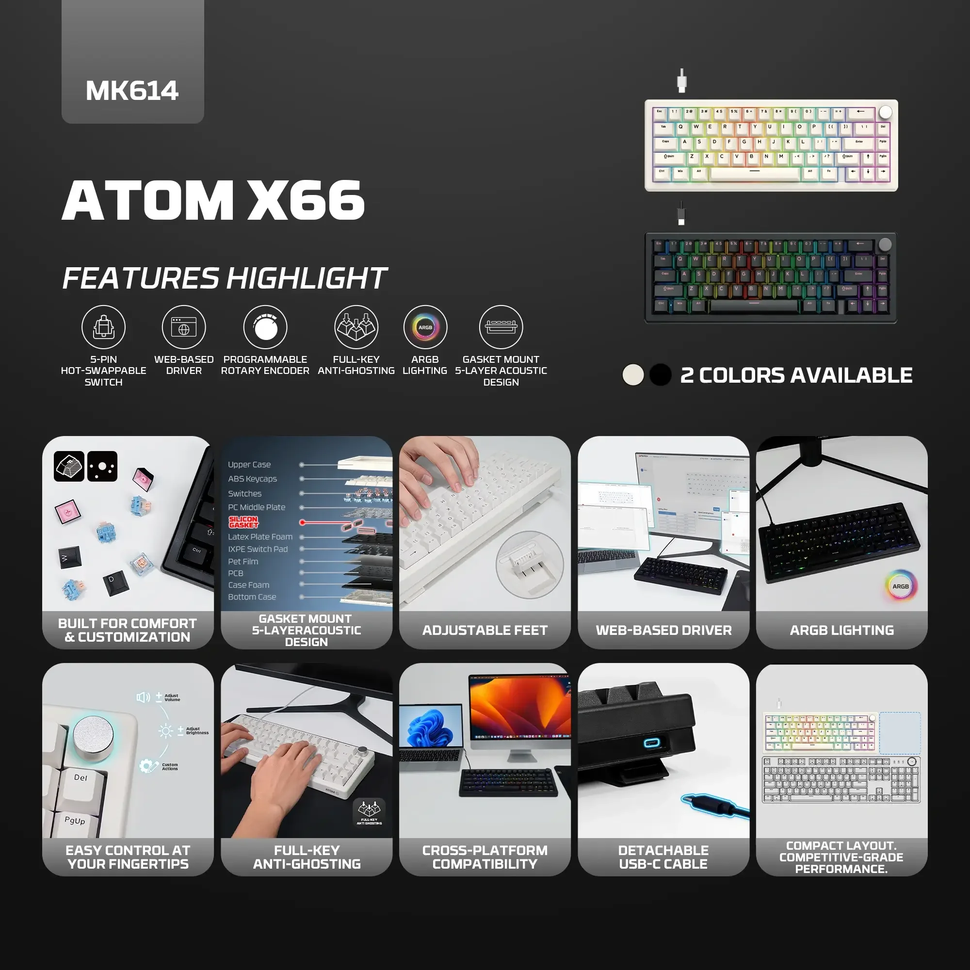 كيبورد ألعاب ميكانيكي Fantech MK614 ATOM X66 باللون الرمادي - Thumbnail 4