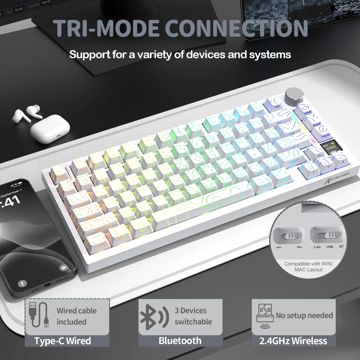 ATTACK SHARK X820 ULTRA Tri-Mode Mechanical Keyboard White Contours Gift Linear Switch - Thumbnail 4