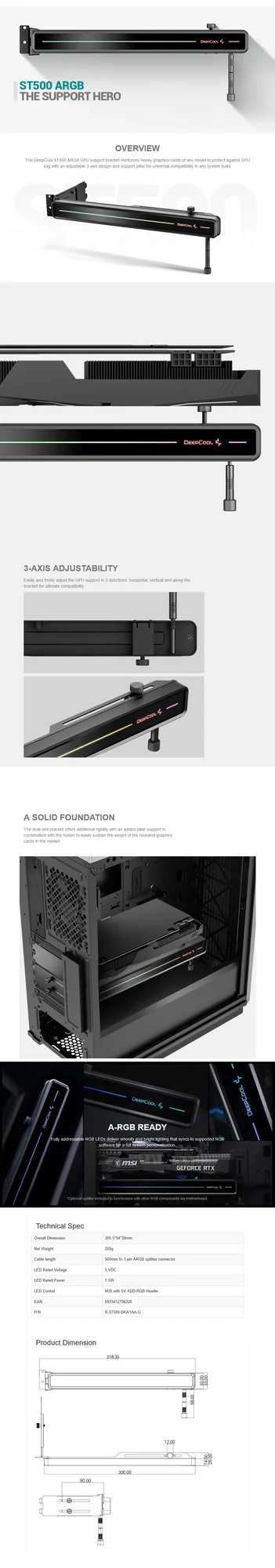 DeepCool ST500 ARGB GPU Support Bracket with Adjustable 3-Axis Design - Image 9