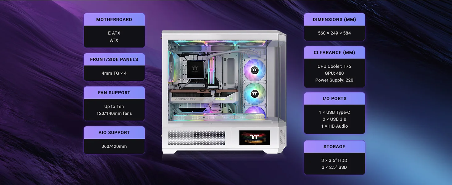 هيكل كمبيوتر Thermaltake View 600 TG فل تاور مع دعم رادياتير 420mm وطقم شاشة LCD مقاس 6.0 إنش Snow White - Image 9