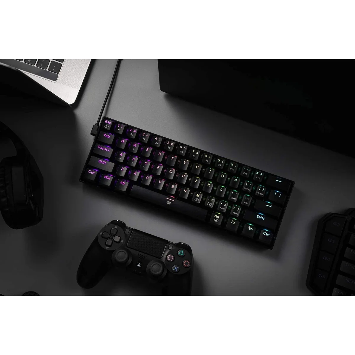 كيبورد ألعاب ميكانيكي Redragon K630 Dragonborn سلكي RGB بنسبة 60%، 61 مفتاح، سويتش أزرق خطي، أسود - Thumbnail 2
