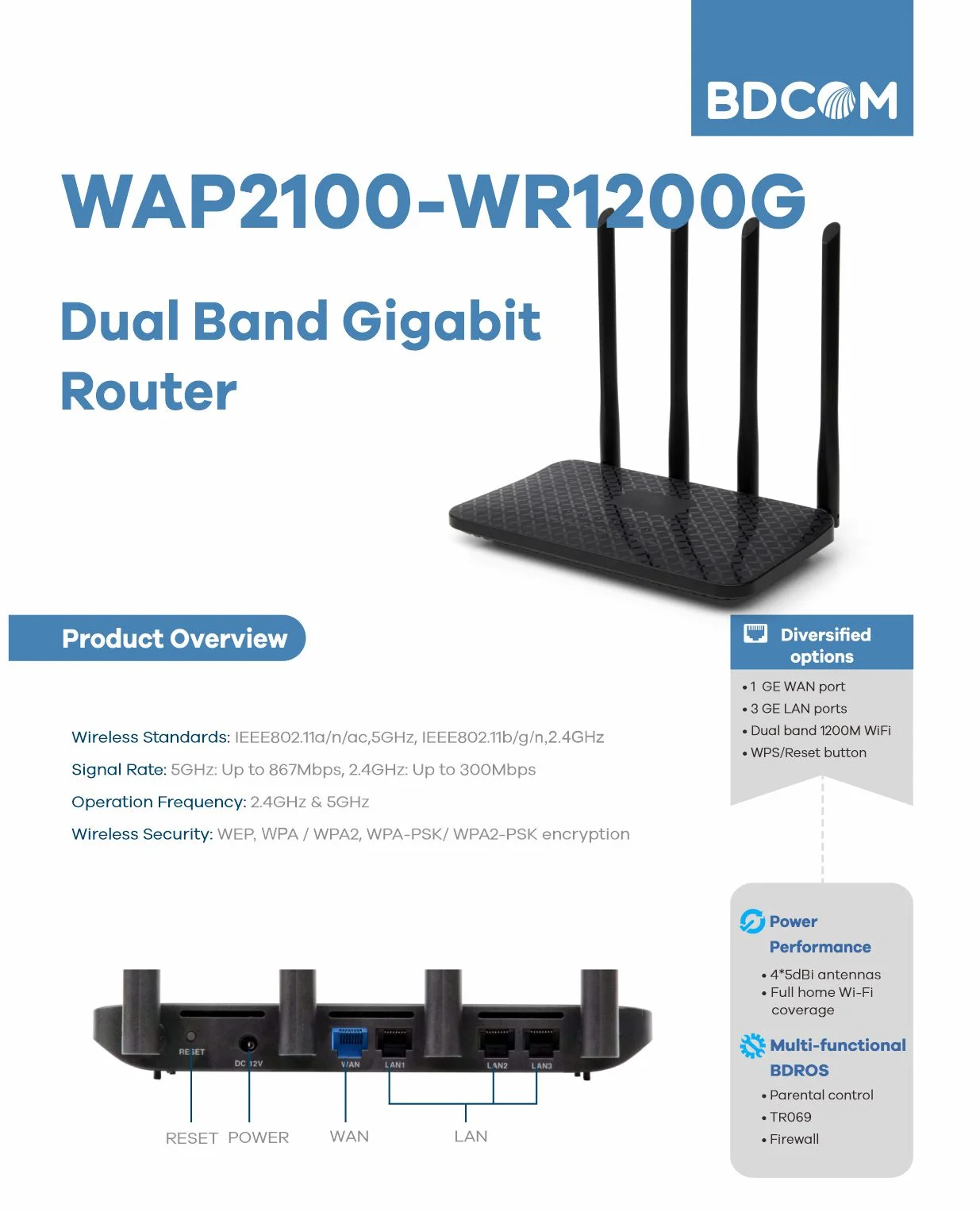 راوتر لاسلكي BDCOM WAP2100-WR1200G AC1200 ثنائي النطاق - Thumbnail 2
