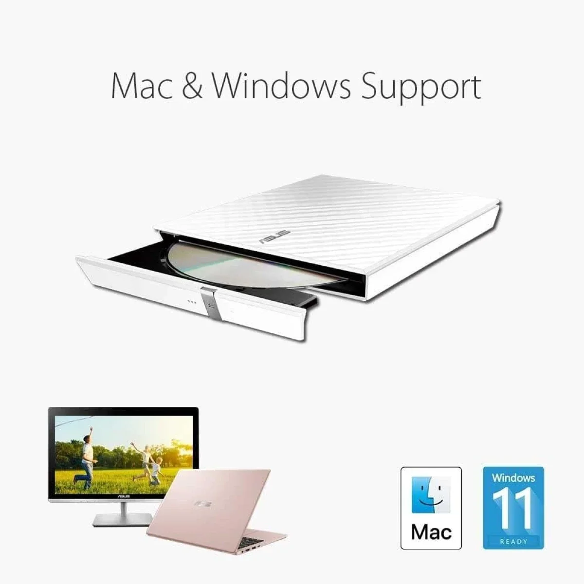 ناسخ أقراص DVD خارجي Asus SDRW-08D2S-U Lite بمنفذ USB 2.0 لنظامي Windows وMac OS - أبيض - Thumbnail 2