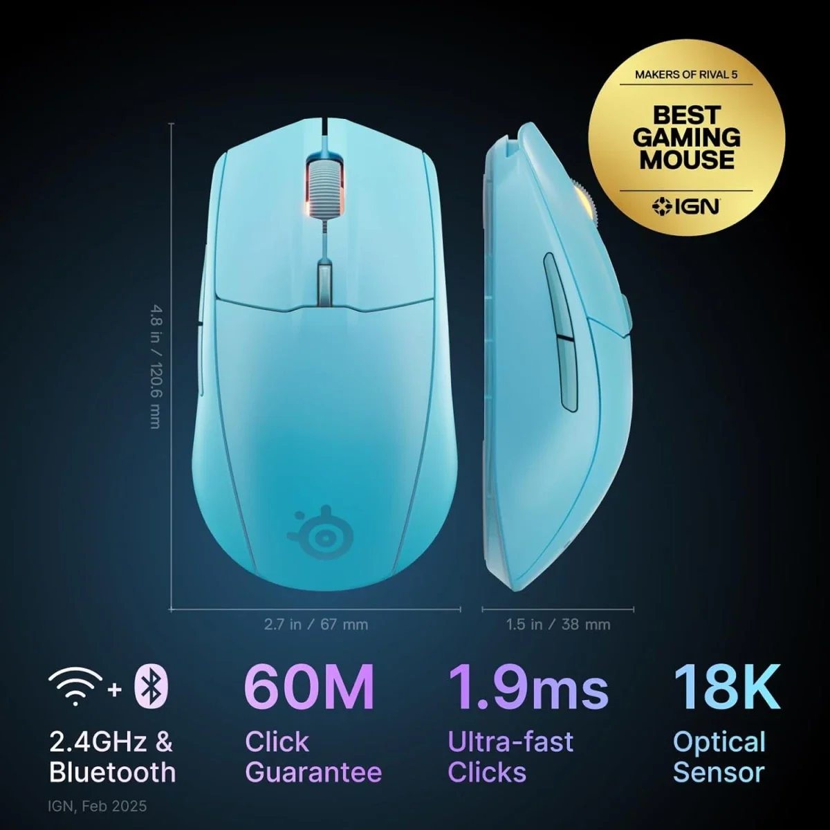 ماوس ألعاب SteelSeries Rival 3 Wireless Gen 2 لاسلكي، 18000 DPI، أكوا - Thumbnail 4