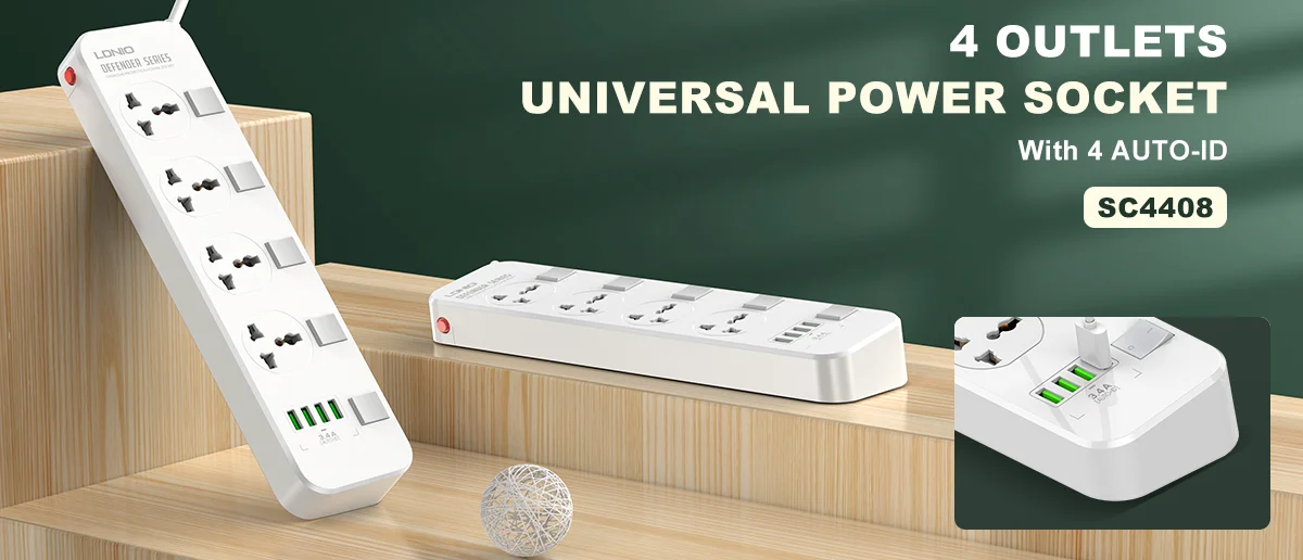 مشترك كهربائي LDNIO SC4408C عالمي مع 4 منافذ USB بقدرة 2500 واط، أبيض - Thumbnail 9