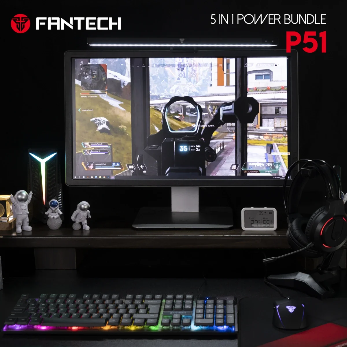 Fantech P51 5-in-1 Wired Gaming Combo Set with Keyboard, Mouse, Headset, Mousepad & Stand - Black - Thumbnail 2