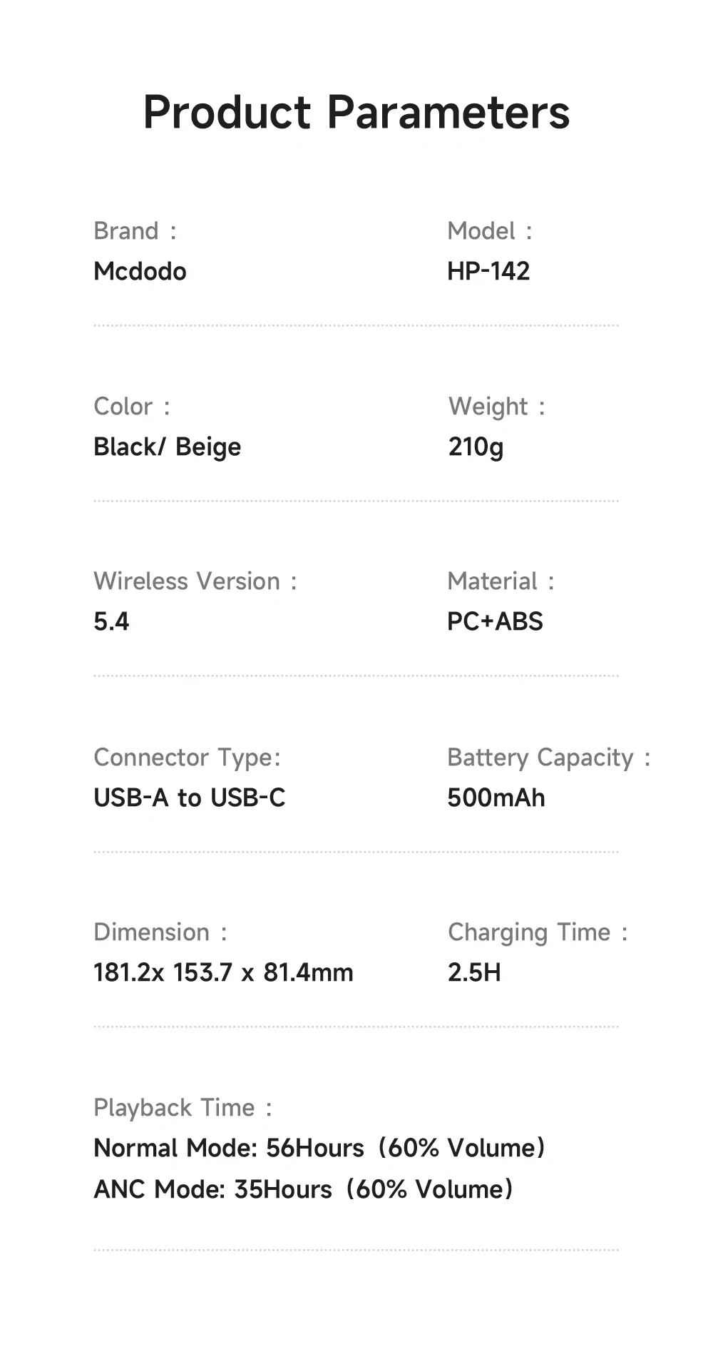 Mcdodo HP-1420 Active Noise Cancelling Wireless Headphones, 56H Playtime, Black - Thumbnail 12