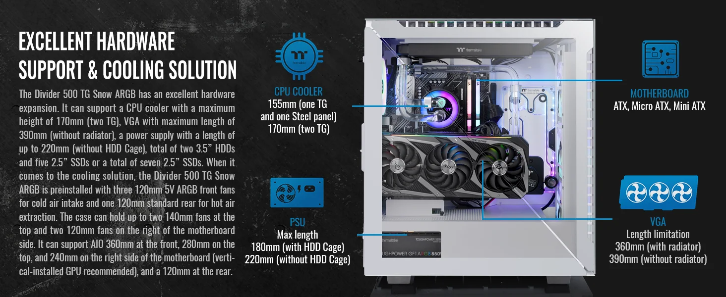 هيكل كمبيوتر Thermaltake Divider 500 ميد تاور مع 3 مراوح أمامية ARGB مقاس 120 مم ومروحة خلفية 120 مم وألواح مثلثة متناظرة - White - Image 13