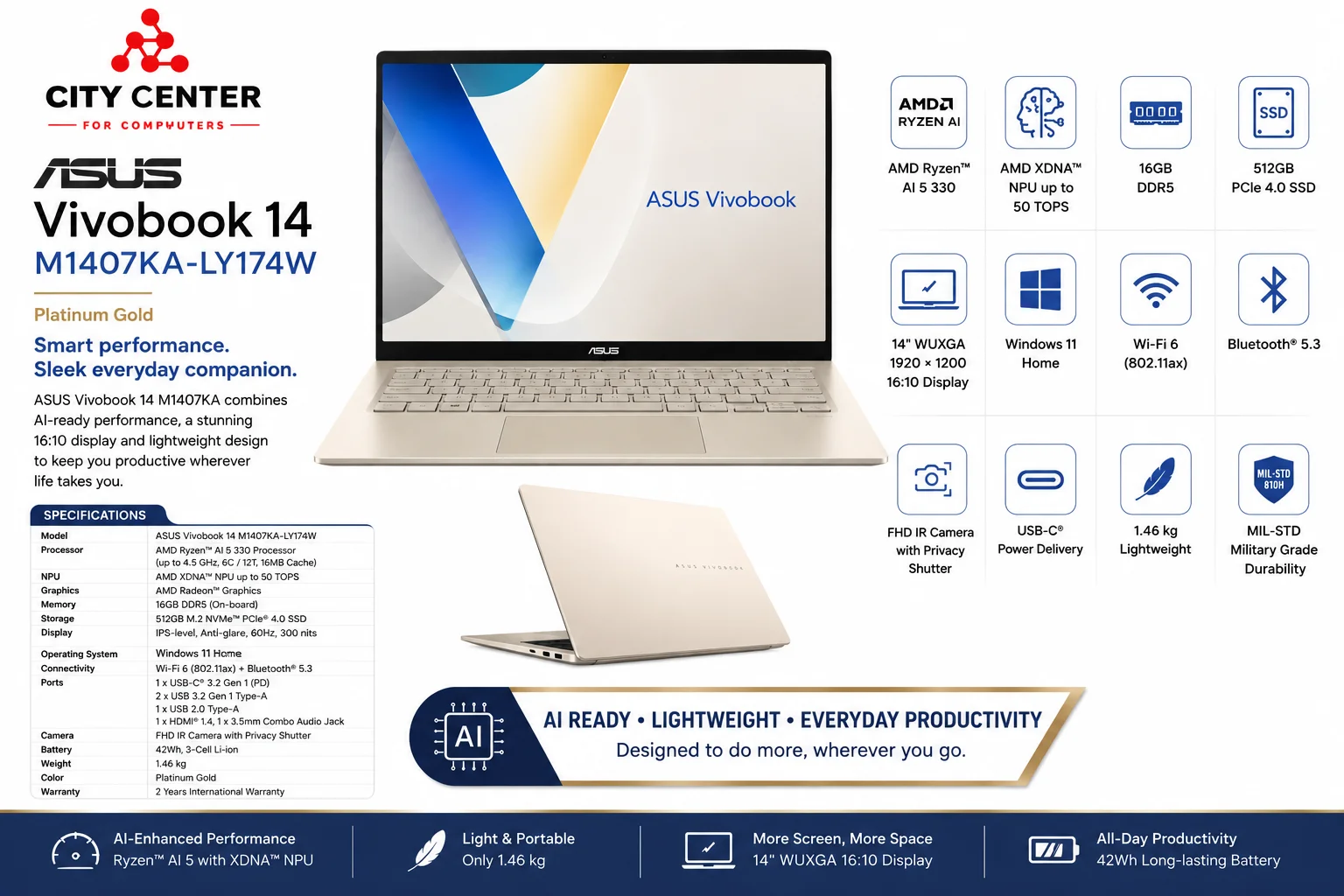 Asus Vivobook 14 M1407KA-LY174W Laptop AMD Ryzen AI 5 330 16GB DDR5 512GB SSD 14 Inch WUXGA - Thumbnail 10
