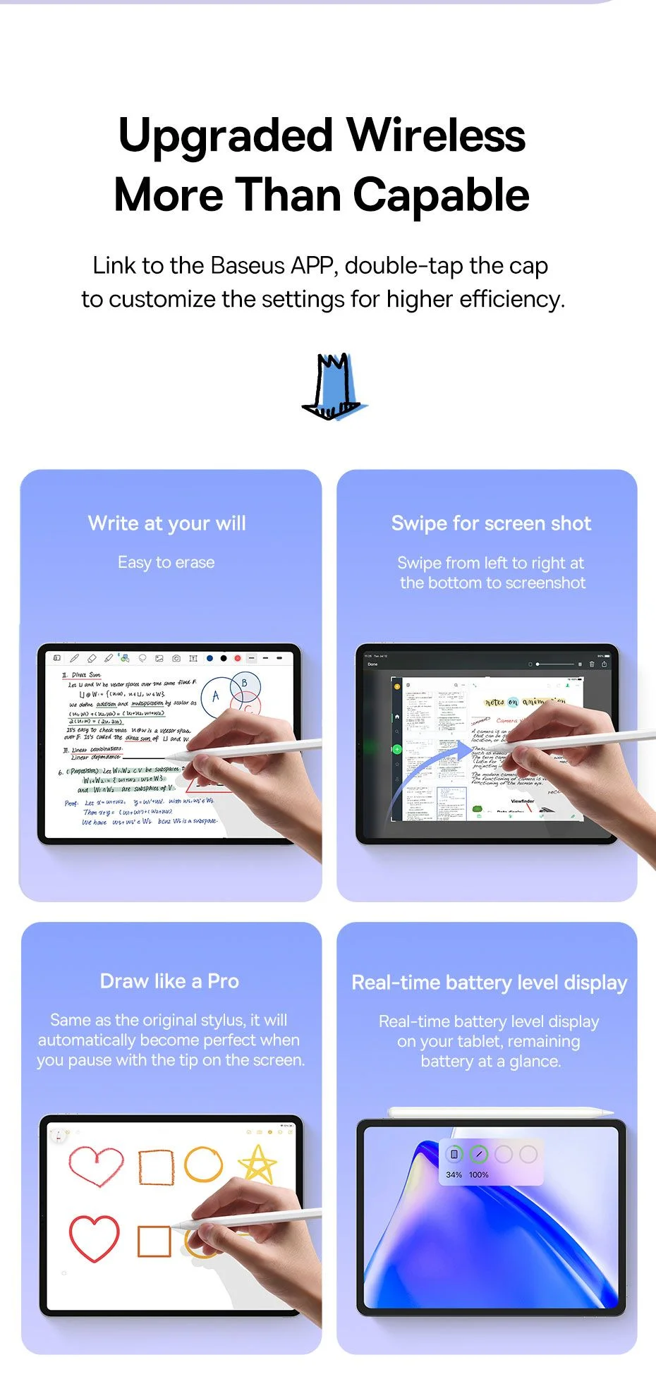 قلم لمس نشط Baseus Smooth Writing 2 Series Stylus Lite بمؤشرات LED، أبيض - Thumbnail 16