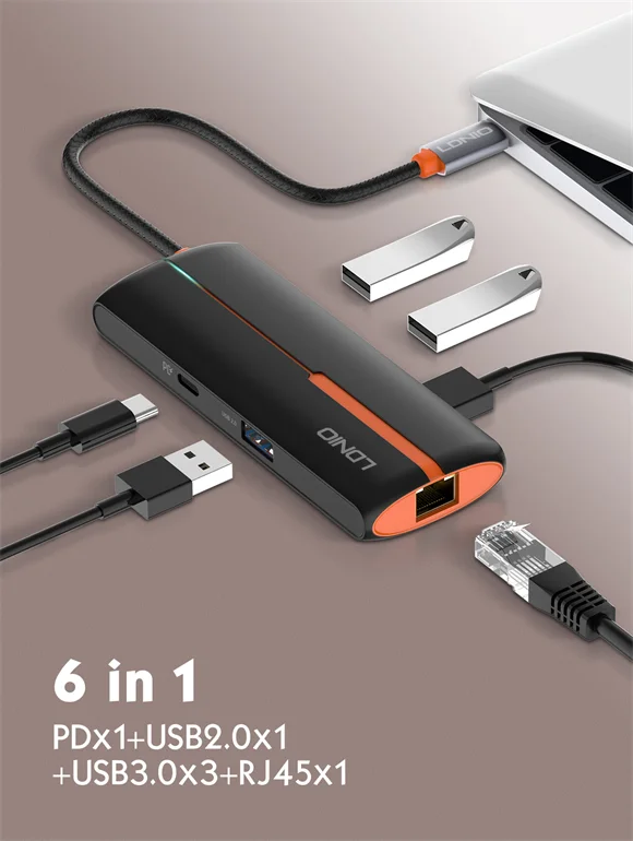 موزع USB-C إلى USB من LDNIO DS-26U 6 في 1 مع شحن PD ومنفذ RJ45 - أبيض - Image 6