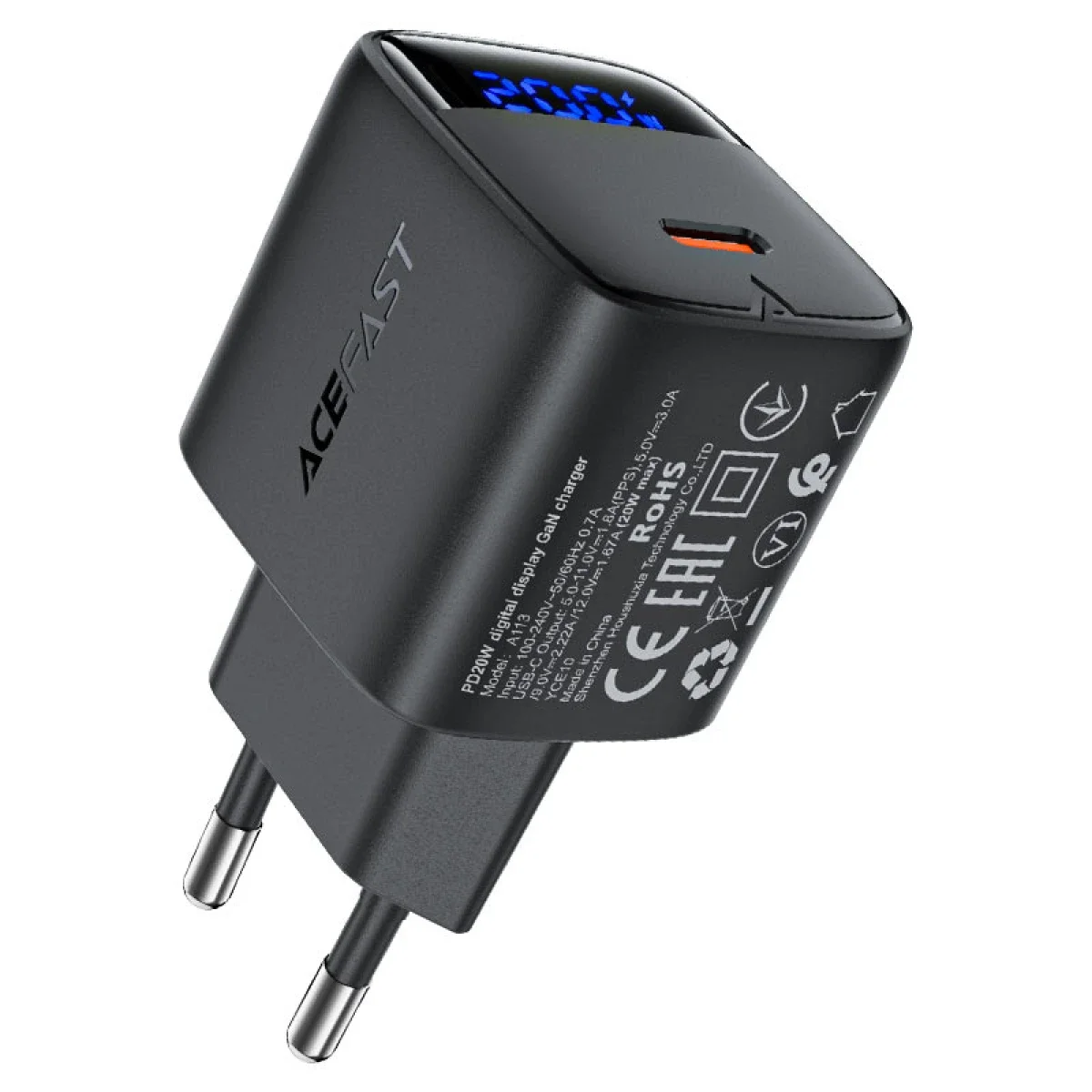 شاحن حائط ACEFAST A113 USB-C PD سريع 20 واط بتقنية GaN وشاشة LED وقابس أوروبي - Thumbnail 4