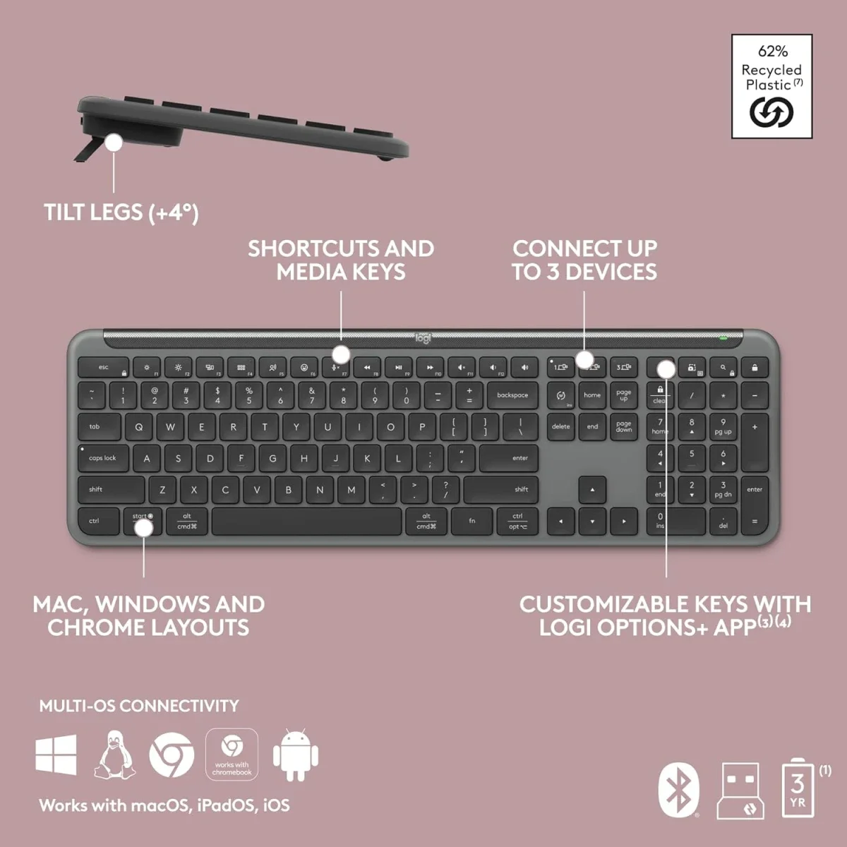 لوحة مفاتيح Logitech K950 Signature Slim لاسلكية كاملة الحجم بتخطيط عربي وإنجليزي، أسود - Thumbnail 7