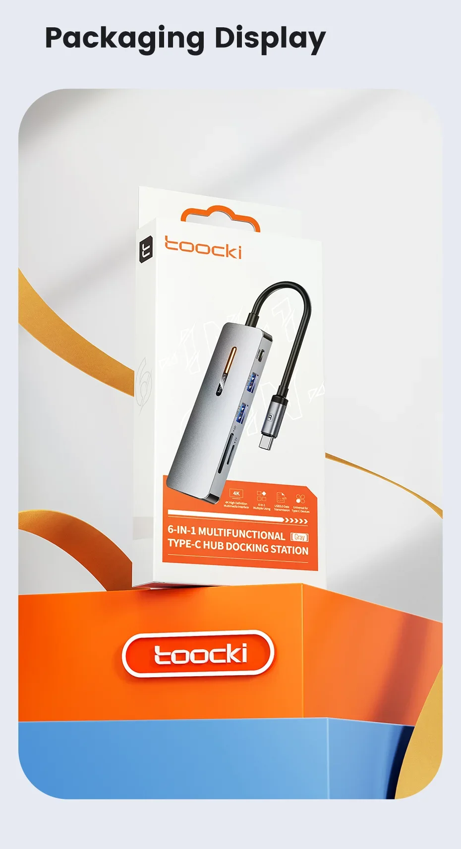 TOOCKI 6-in-1 USB-C Hub with 4K HDMI, USB 3.0, PD 100W, SD/TF Card Reader - Grey - Thumbnail 20