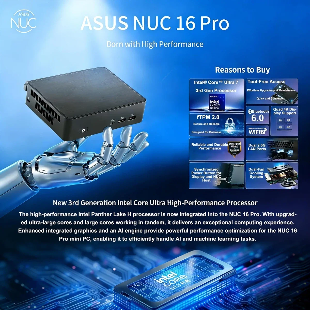 كمبيوتر صغير Asus NUC16GDKU5 NUC 16 Pro بنظام Barebone ومعالج Intel Core Ultra 5 325 وWi-Fi 7 أسود - Image 3