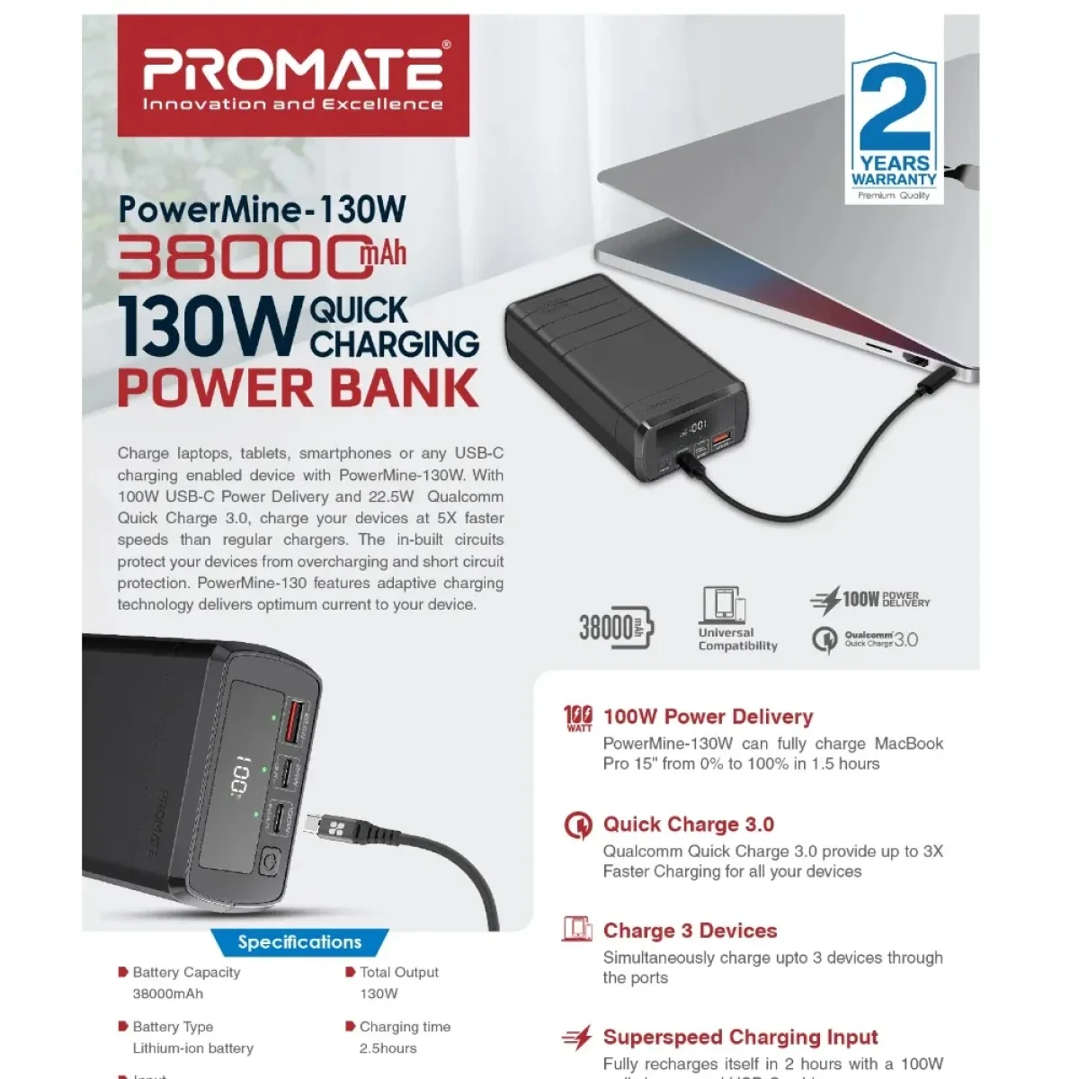 باور بانك Promate PowerMine-130 بسعة 38000mAh وشحن سريع 130W - Thumbnail 7