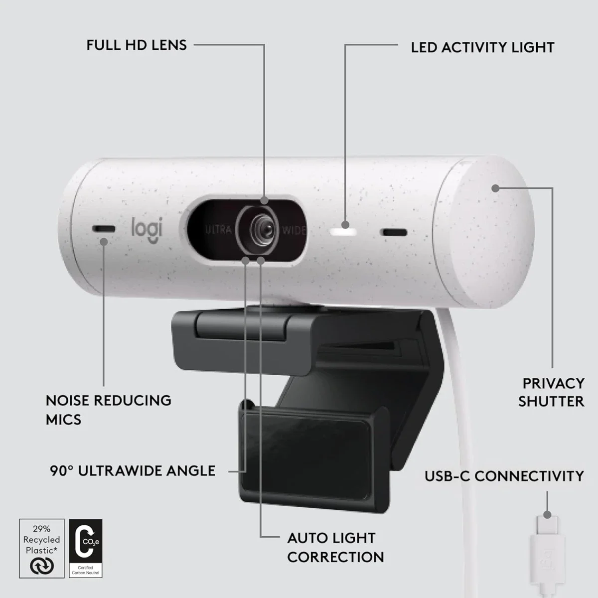 كاميرا ويب Logitech Brio 500 بدقة Full HD مع تصحيح إضاءة تلقائي وغطاء خصوصية - Thumbnail 8