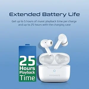 سماعات Promate ProPods لاسلكية بالكامل داخل الأذن مع ANC وBluetooth 5.3 وميكروفون، تشغيل 25 ساعة، أبيض - Thumbnail 13