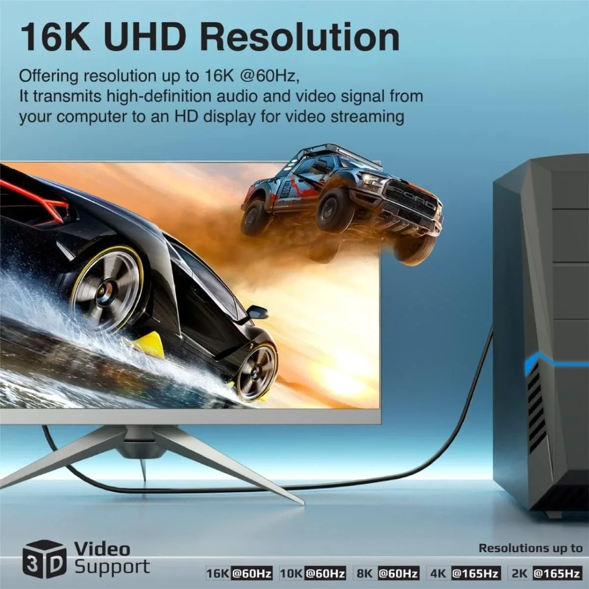 سلك DisplayPort 2.0 من Promate بدقة 16K@60Hz وسرعة 80Gbps بطول 2م أسود - Image 3
