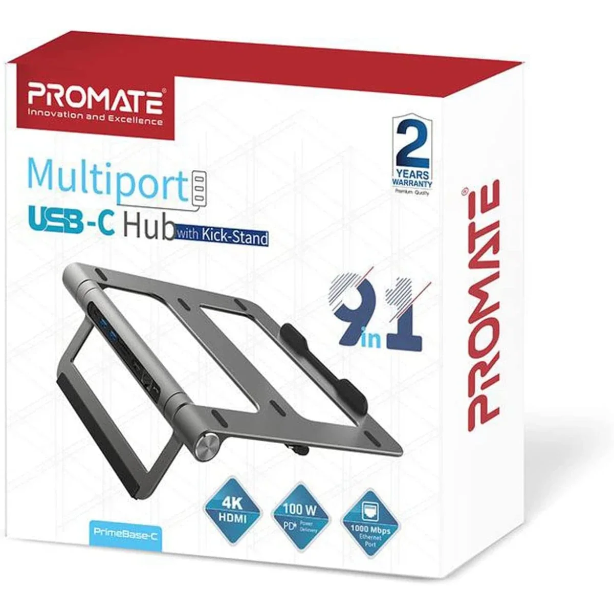 Promate PrimeBase-C Aluminum Laptop Stand with 9-in-1 USB-C Hub, 100W PD, 4K HDMI, Ethernet