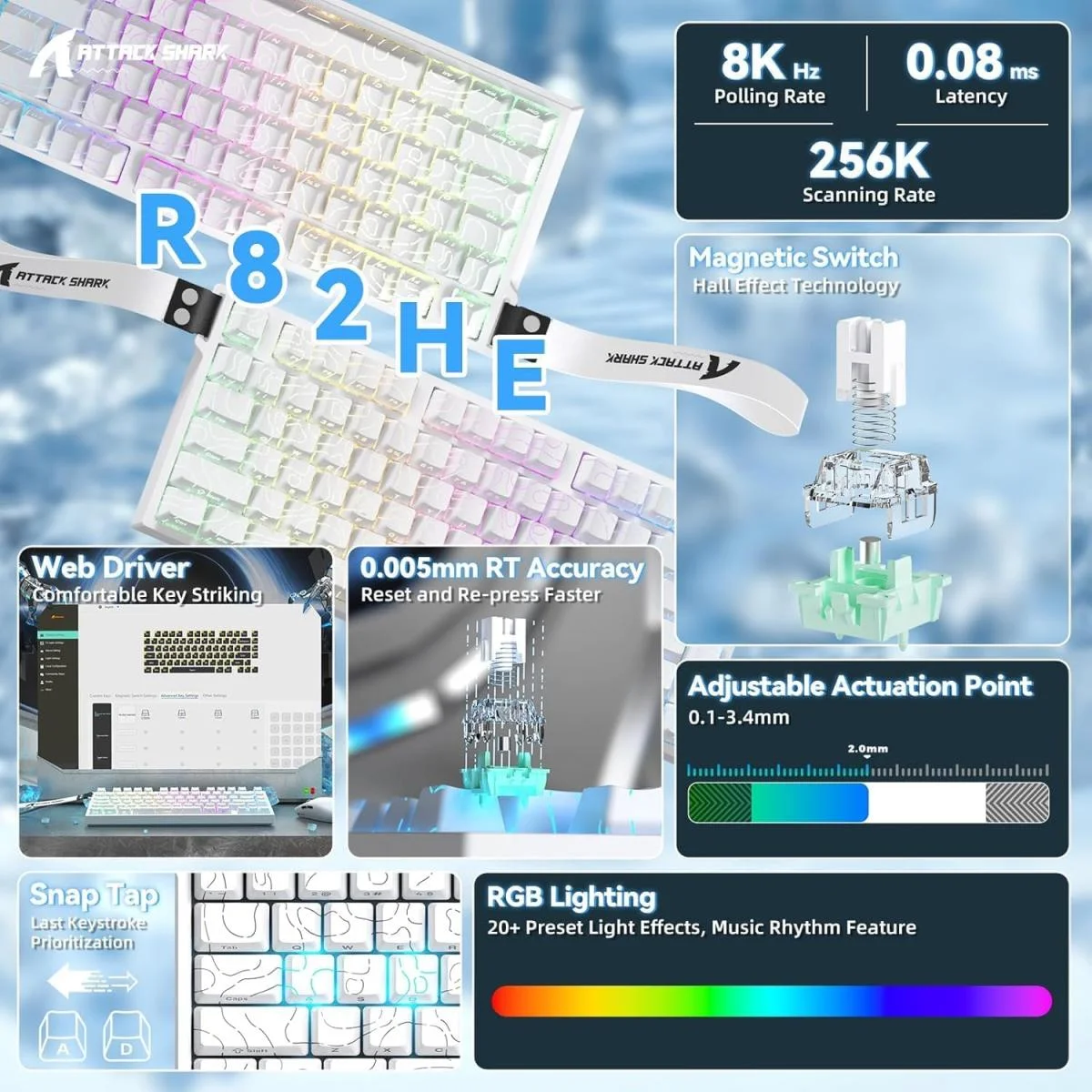 كيبورد ألعاب ATTACK SHARK R82HE ميكانيكي سلكي TKL بمفاتيح Hall Effect مغناطيسية، White Contour - Image 3