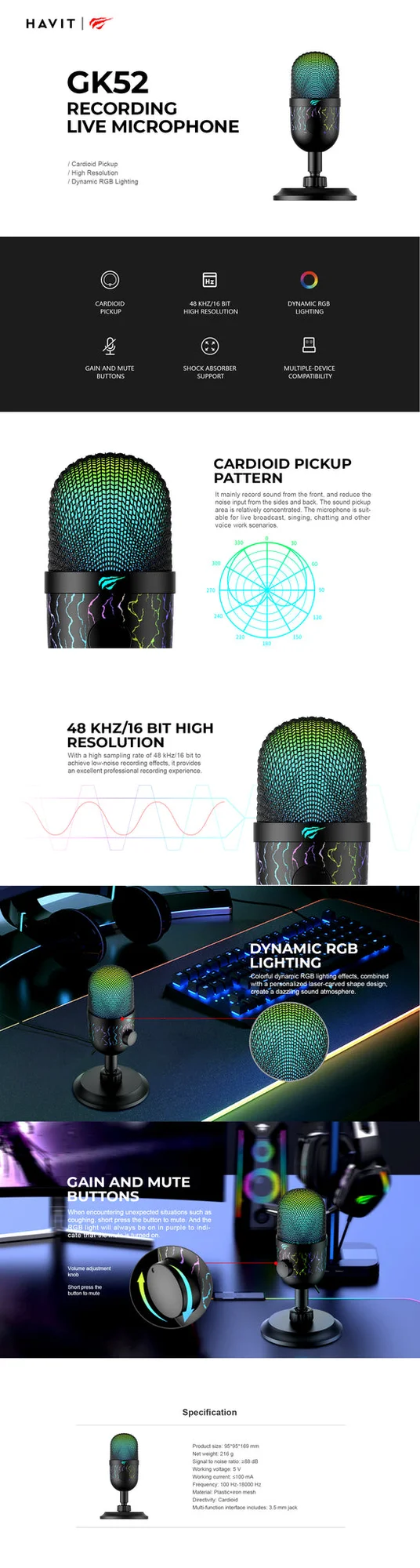 ميكروفون HAVIT GK52 بإضاءة RGB للتسجيل والبث المباشر - Thumbnail 6