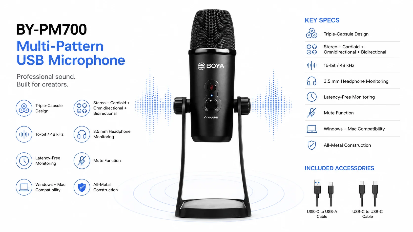 Boya BY-PM700 Multi-Pattern USB Microphone with 16-Bit/48kHz Audio - Black - Thumbnail 7