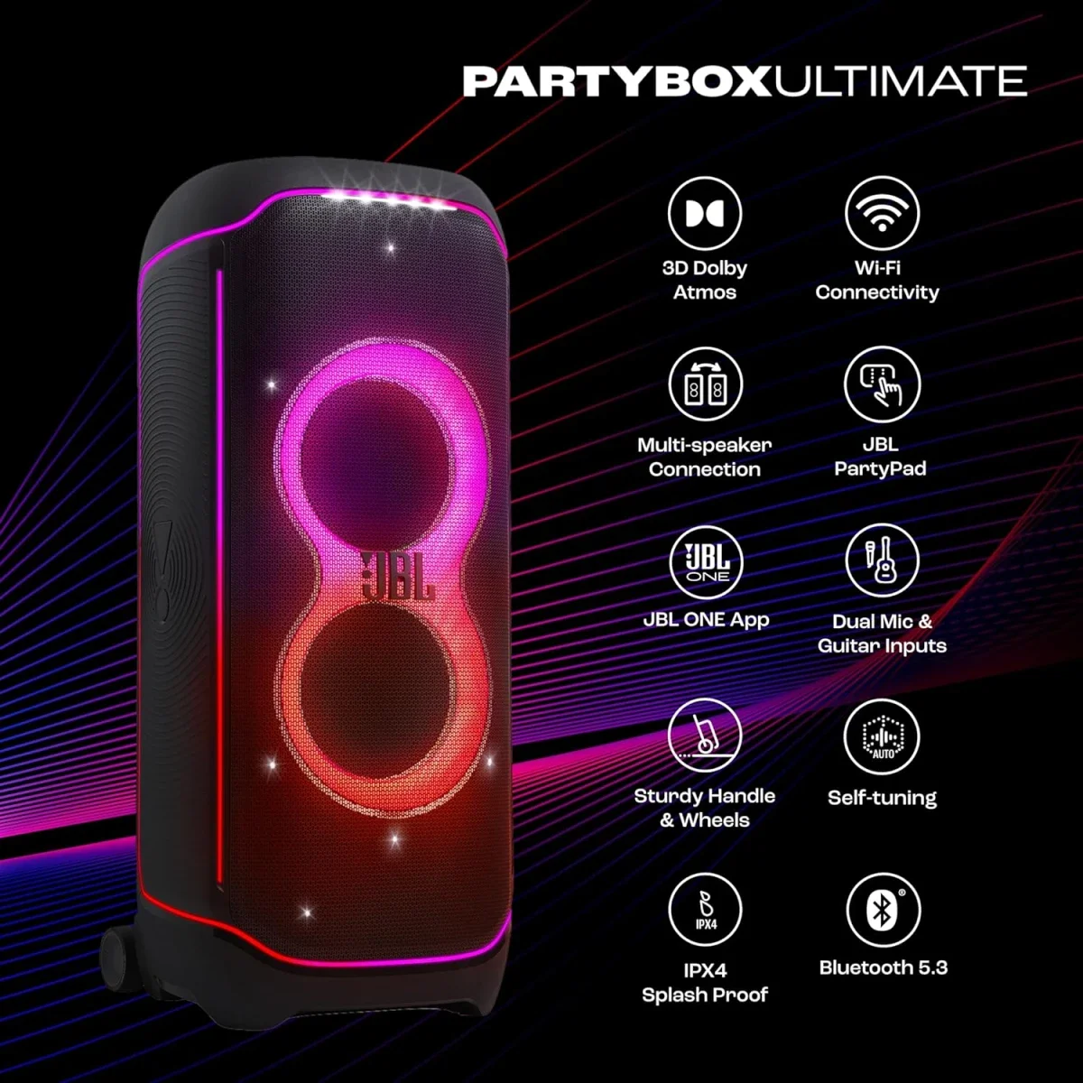 مكبر صوت للحفلات JBL PartyBox Ultimate بقدرة 1100 واط مع Dolby Atmos وWi-Fi 6 وبلوتوث - أسود