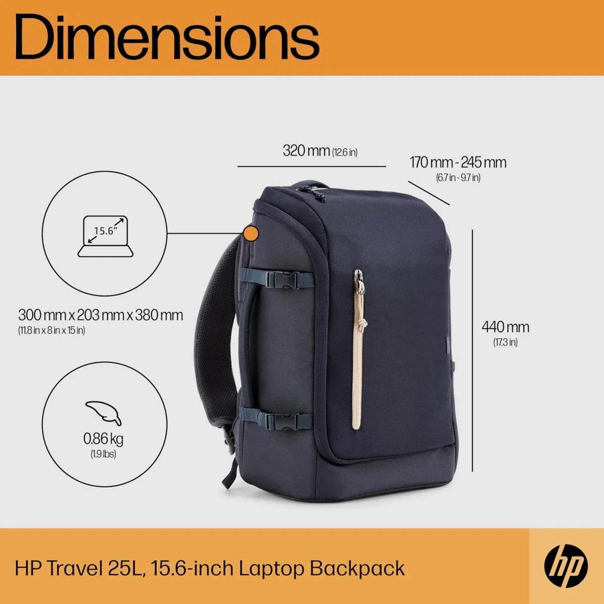 HP Travel 25L Expandable 15.6-Inch Laptop Backpack, Iron Gray - Image 3