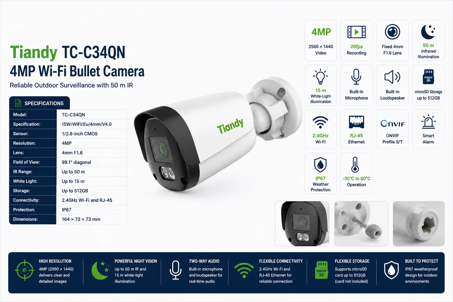 Tiandy TC-C34QN 4MP Fixed IR Wi-Fi Bullet Camera with 4mm Lens - Thumbnail 6