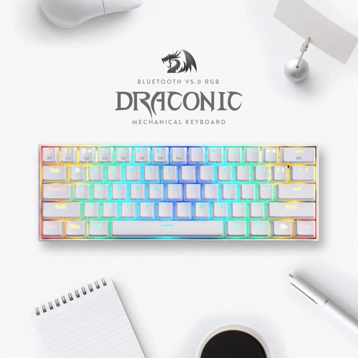 كيبورد ألعاب ميكانيكي Redragon K530 Pro Draconic لاسلكي RGB بحجم 60% أبيض - Thumbnail 8