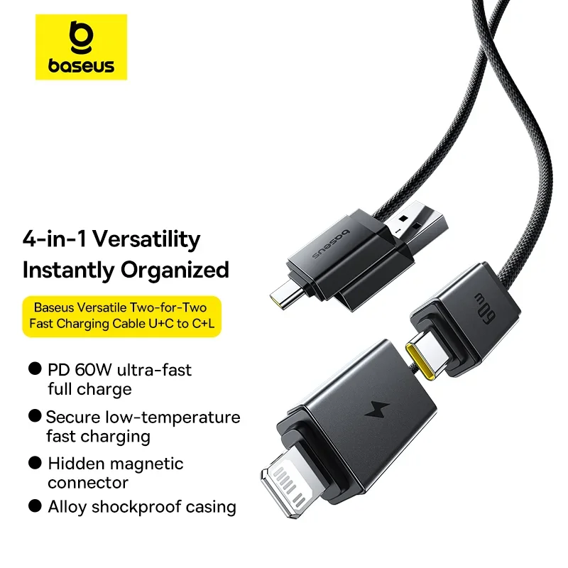 Baseus Versatile Two-for-Two 4-in-1 Fast Charging Cable U+C to C+L 60W, 2m – p10383000121-020 - Thumbnail 3