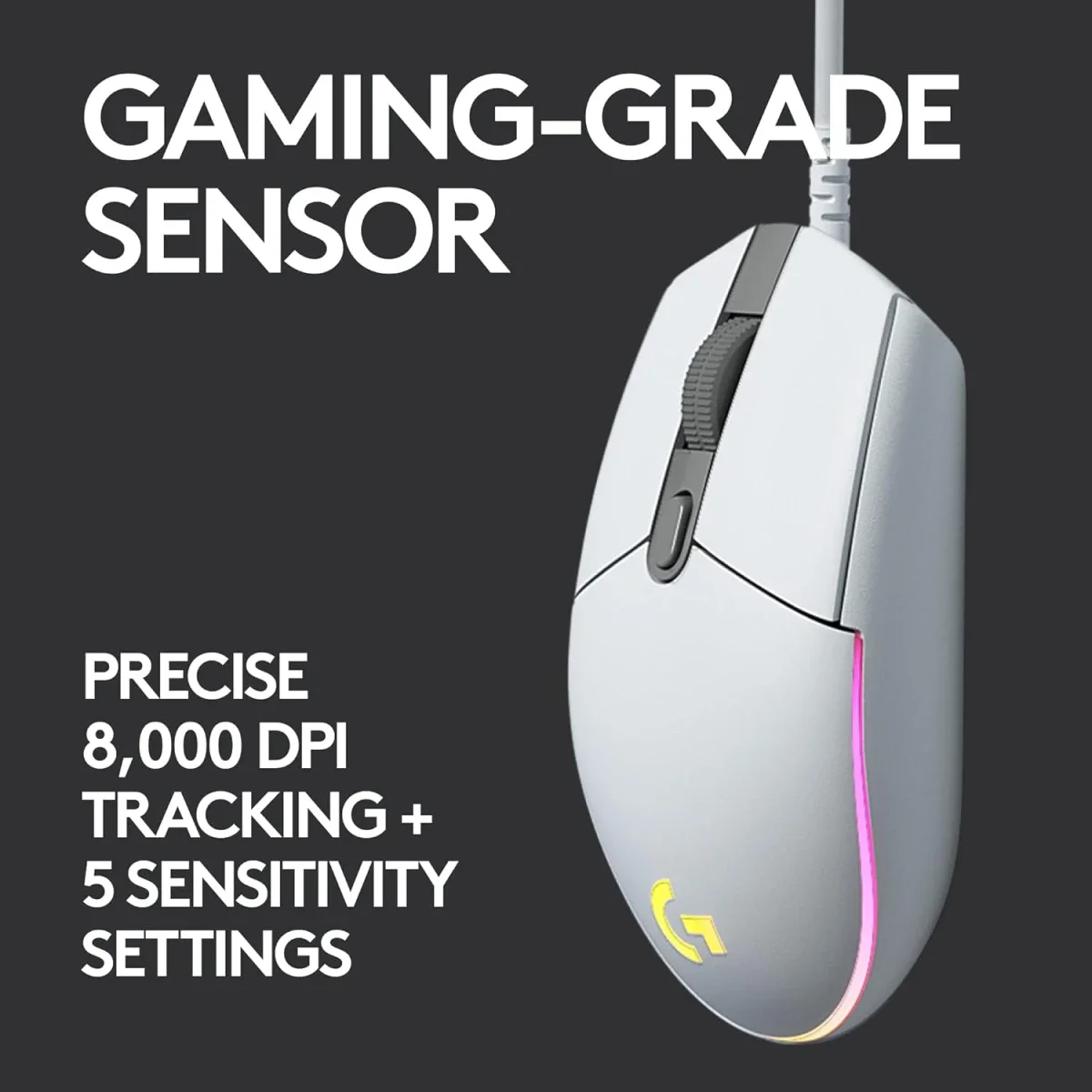 ماوس ألعاب Logitech G203 سلكي بدقة 8,000 DPI وإضاءة LIGHTSYNC RGB، أبيض - Image 6