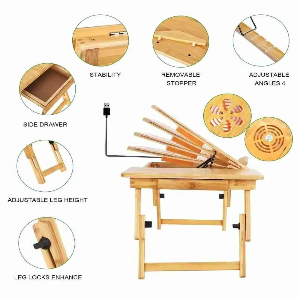 Bamboo Wooden Laptop Table with Drawer and Two Cooling Fans - Image 8
