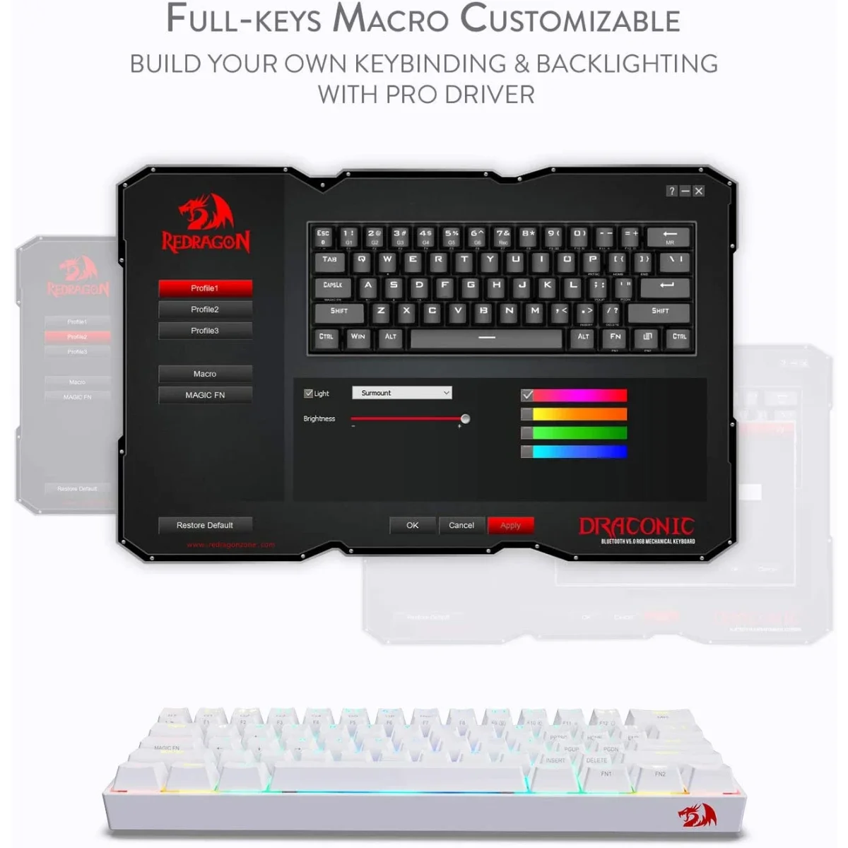 كيبورد ألعاب ميكانيكي Redragon K530 Pro Draconic لاسلكي RGB بحجم 60% أبيض - Thumbnail 7