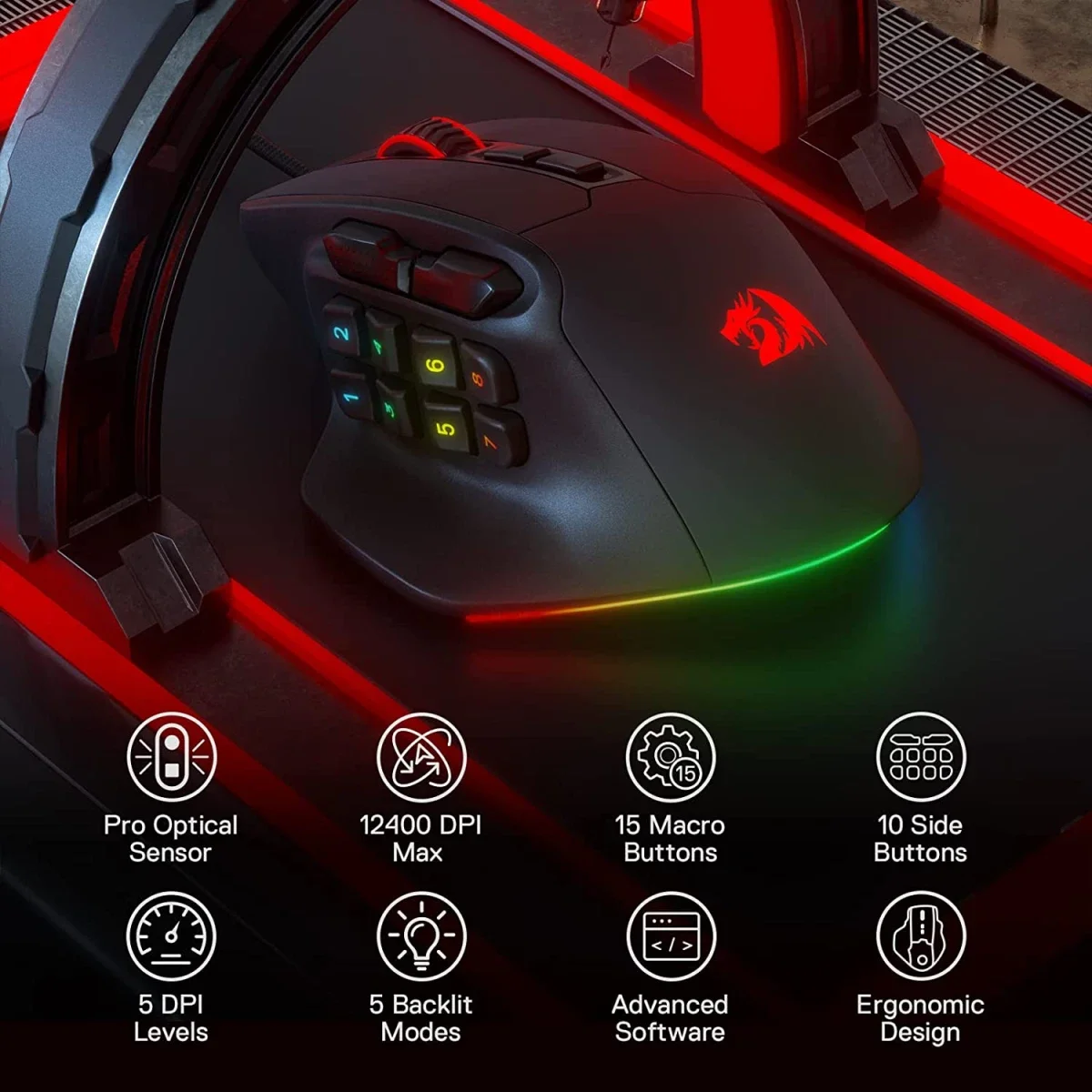 Redragon M811 Aatrox MMO Gaming Mouse, Wired RGB, 15 Programmable Buttons - Thumbnail 4