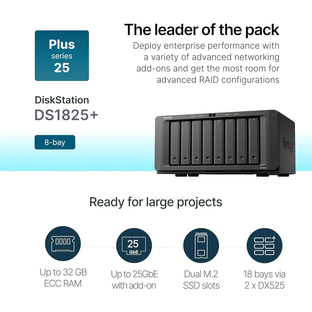 Synology DiskStation DS1825+ 8-Bay Diskless NAS with AMD Ryzen V1500B 4-Core CPU and 8GB DDR4 ECC RAM - Thumbnail 2