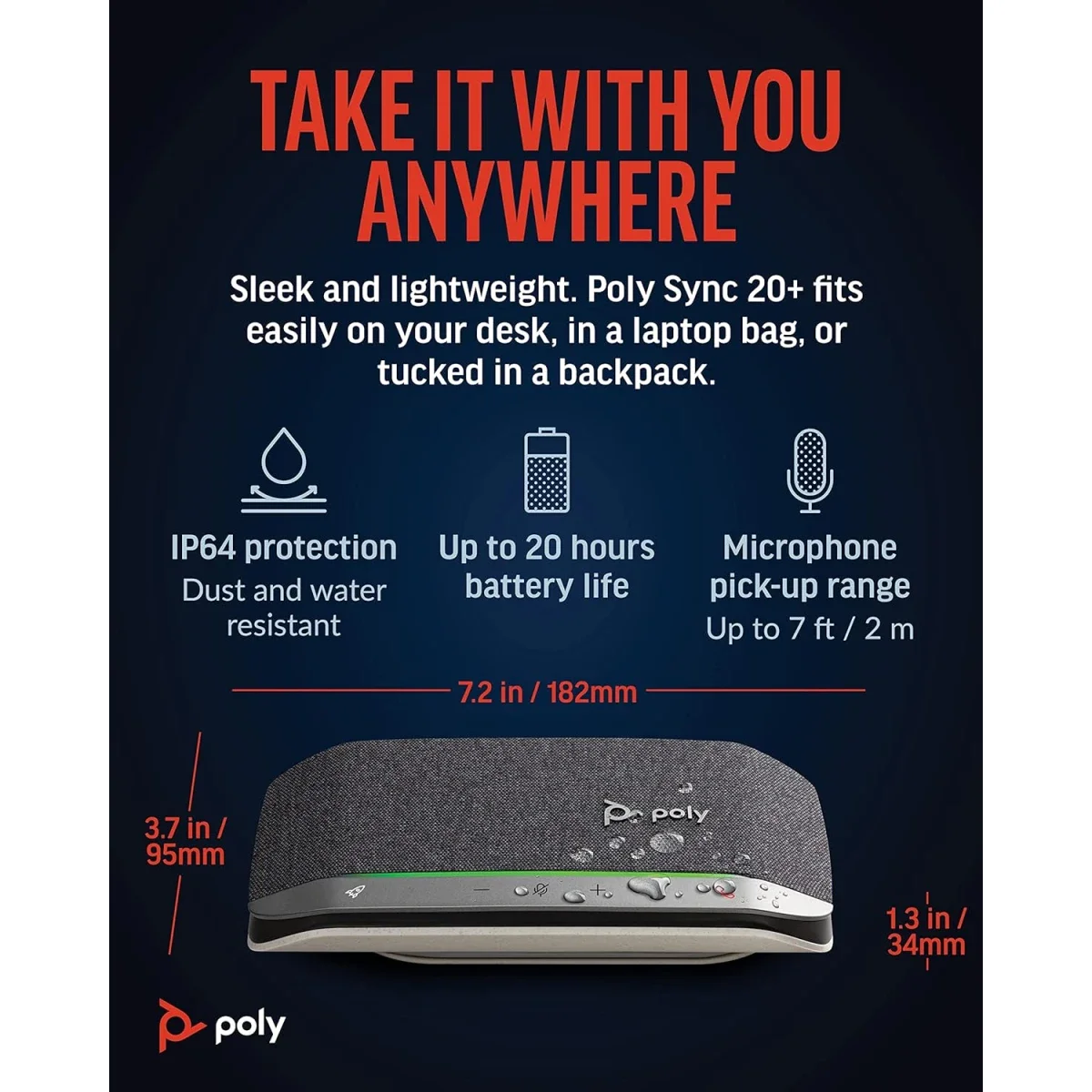 مكبر صوت للمكالمات Poly Sync 20-M محمول بتقنية Bluetooth مع محول USB-C إلى USB-A - Image 3