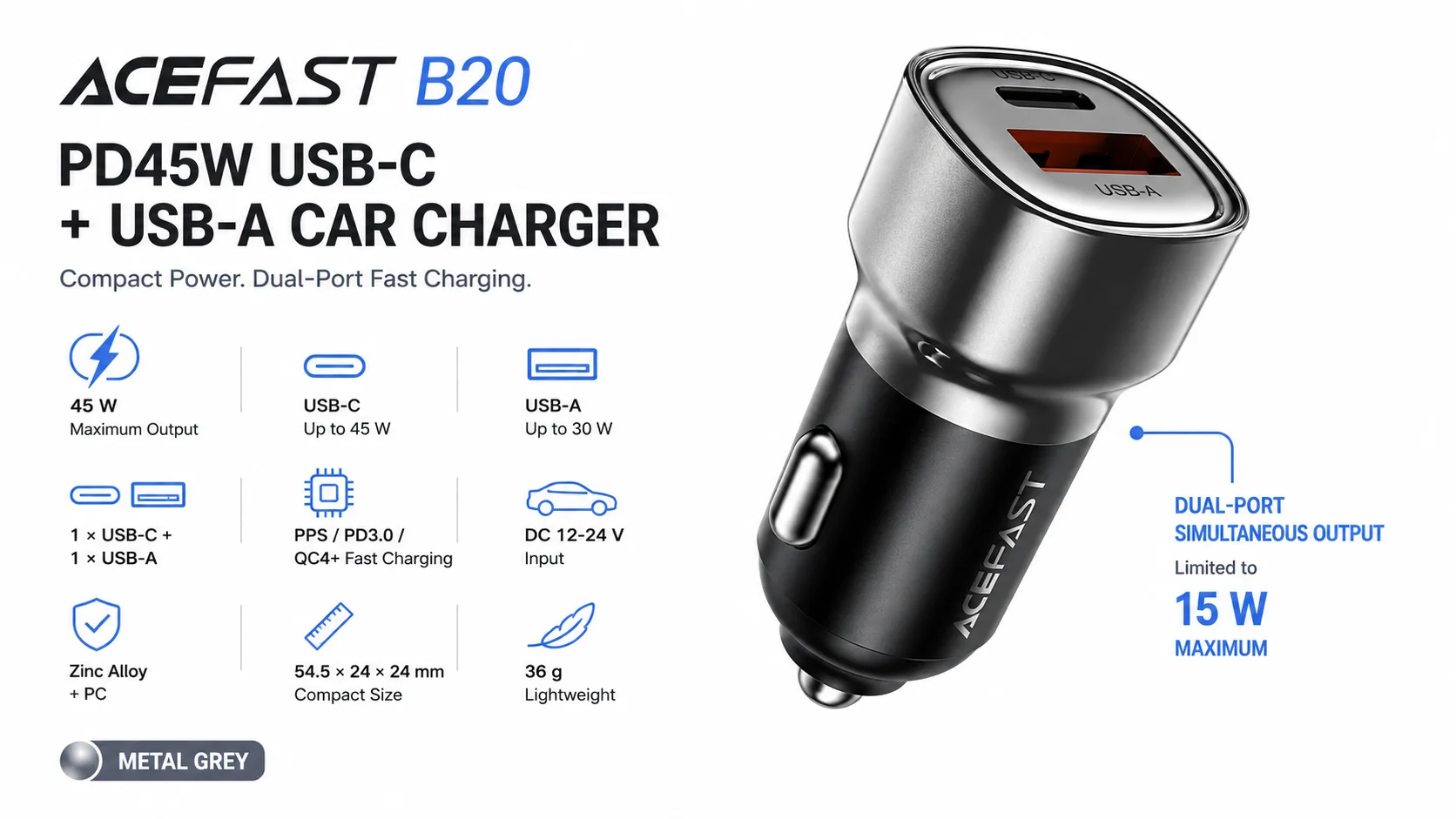 شاحن سيارة ACEFAST B20 سريع 45 واط بمنفذي USB-C وUSB-A - رمادي معدني - Thumbnail 7