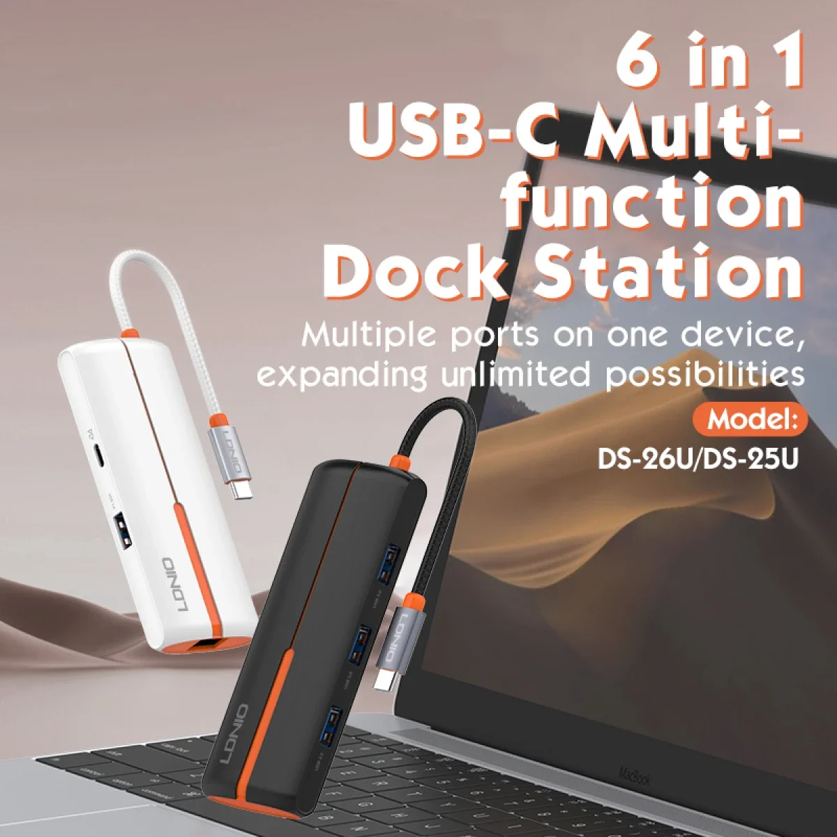 LDNIO DS-26U 6-in-1 USB-C to USB Hub with PD Charging and RJ45 - White