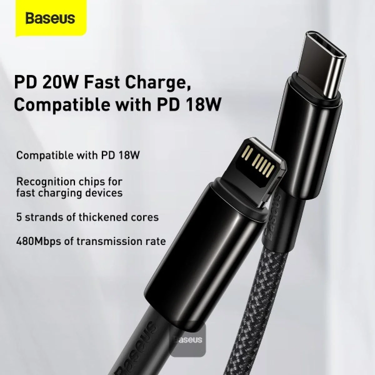 كابل Baseus Tungsten Gold من USB-C إلى Lightning شحن سريع PD 20W بطول 1 متر أسود - Image 3