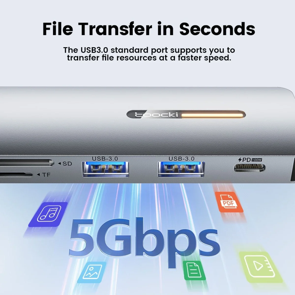 TOOCKI 6-in-1 USB-C Hub with 4K HDMI, USB 3.0, PD 100W, SD/TF Card Reader - Grey - Thumbnail 4